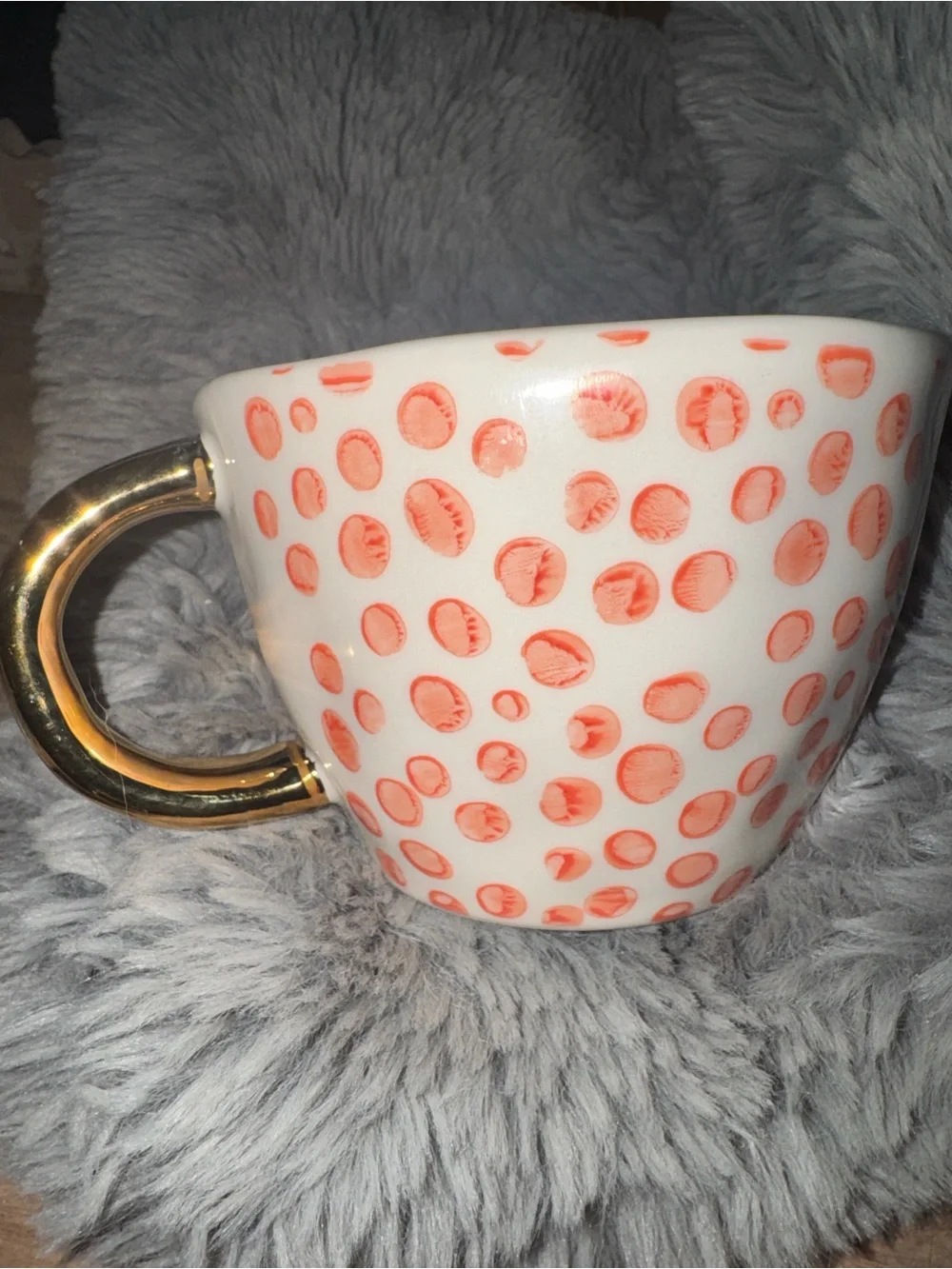 Paper Source Cream Ceramic Mug with “Coral Dots” and Gold Handle
